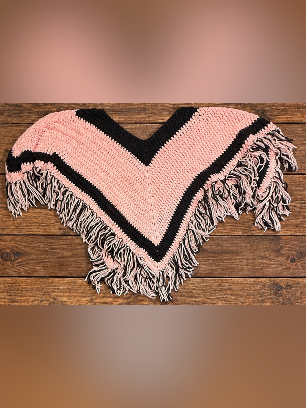 Handmade Women’s Pink & Black Crochet Poncho Shawl with Fringe